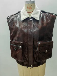 Retro Distressed PU Two Piece Look Fleece Collar Utility Vest Men’s Casual Multi Pocket Sleeveless Waistcoat