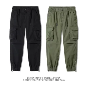 Retro High Street Printed Woven Cargo Pants Men Mid Rise Multi Pocket Drawstring Cuff Utility Joggers Outdoor Work