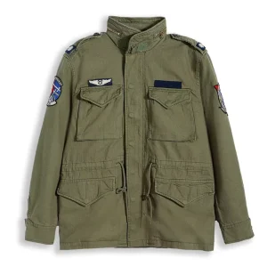 Retro Men’s American Green Classic Field Jacket M65 Herringbone Pattern Workwear Patch Twill Jacket