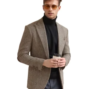 Retro Plaid Autumn and Winter Thick Wool Suit Jacket Men’s Tweed Single Blazer Suit