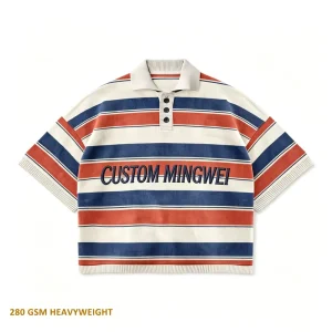Retro Red White Blue Striped 280 GSM Heavyweight Knit Polo Shirt Y2K Aesthetic Color Block Striped Knit Polo Shirt