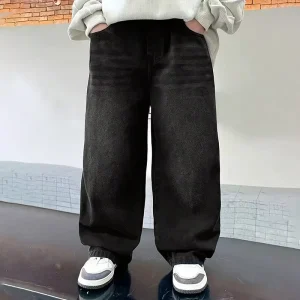 Retro Tween Boys Black Washed Jeans Elastic Waist Wide Leg Denim Pants Fashion Street Style Trousers With Pockets Personalized