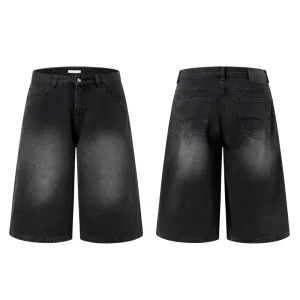Retro Washed Black Denim Shorts Men’s Street Loose Straight Wide Leg Men’s Denim Shorts