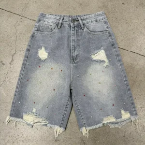 Rhinestone Logo Summer Sweat Jeansorts Raw Hem Jeans Shiny Rhinestone Wash Streetwear Jeans Shorts For Men