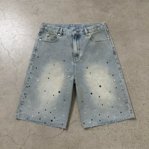 Rhinestone Men’s Vintage Denim Shorts Straight Gemstone Rhinestone Acid Wash Street Style Jorts For Men