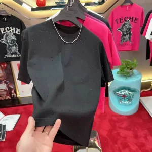 Rhinestone-studded Retro 260g Solid-color T-shirt for Men’s Summer Short-sleeved Round-neck Shirt