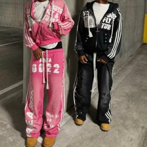 Rivet Rhinestone Metal Stud 2 Pcs Men’s Stitched Fabric Cotton Track Suit Stripe Jacket Pants 2pcs Tracksuit Suit Set for Man
