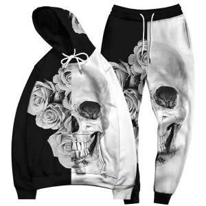 Rose Skull Digital Print Men’s Long Sleeve Loose Heavyweight Sweatshirt Two-Piece Set Streetwear Hooded 100% Bamboo Fiber