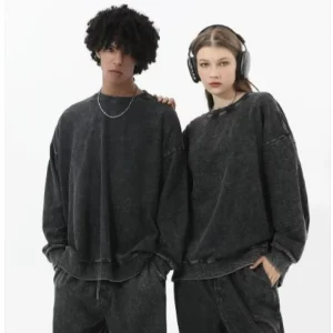 Round Neck Cotton Sweatshirt Custom Logo Vintage Washed Distressed European Sizing Long Sleeve 350g Men’s Sweater