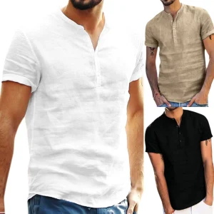 S-3XL Casual Versatile Solid Color Stand Collar Short Sleeve Button Cotton Linen Blank Custom Shirts Men’s Shirts