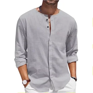 S 3XL Men’s Cotton and Linen Shirt Long Sleeved T shirt Button Neck Casual Beach Shirt