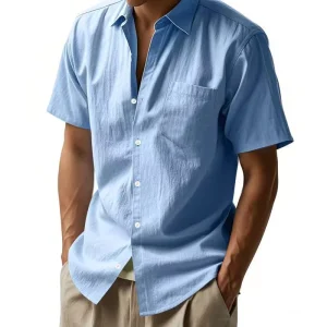 S 3XL Solid Men’s Casual Turn Down Collar Shirts Factory Full Button Leisure Shorts Sleeve Vacation Shirts for Men