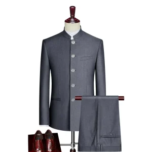S-4XL Suit Men’s Slim Fitting Chinese Bridegroom Dress Chinese Stand Collar Suit Chinese Style 2-piece Casual Suit