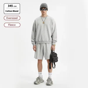 SS265083 Fleece Tracksuit Puff Printing Custom Logo Heavy Weight Men’s Oversized Sweatshirts Set Fleece Shorts Men