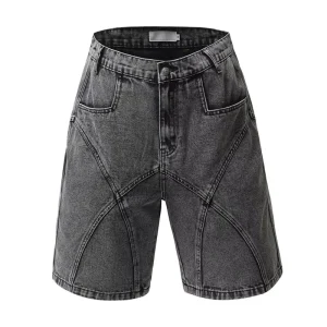 STARLIGHT Men’s Shorts Customize Boy Fashion Blue Wash Denim Jeans Wave Seam Sandblast Wash Loose Men Denim Shorts