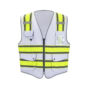 Safety 7 Pockets High Visibility Zipper Front Safety Vest White Dual Tone High Reflective Vest Meets ANSI ISEA Standards