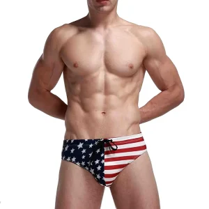 Shinesia Men’s Low Waist Quick Drying Swimwear Shorts American Flag Print Beach Custom Underwear 1 Piece with Paisley Pattern