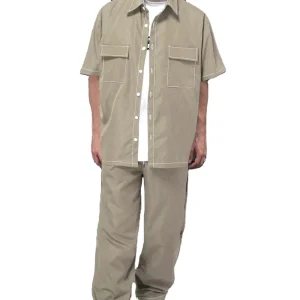 Short Sleeve Button Shirts Men’s Super Loose Flap Pocket Shirt & Pants Two Pieces Cargo Set