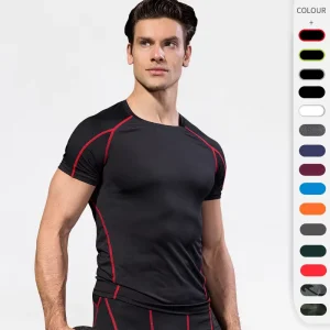 Short Sleeve Men’s Tight Active Top Elastic Polyester Spandex S-2XL European Size Tight Fitting Top for Men