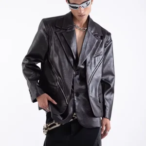 Single Breasted Leather Blazer with Notched Lapel Double Layers Shoulder Pads One Chest Pocket