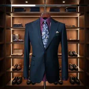 Slim Fit Dark Blue Fine Stripe Men’s Wool Suit Breathable Wrinkle Resistant Wool Material Custom Fit Ideal for Business Attire