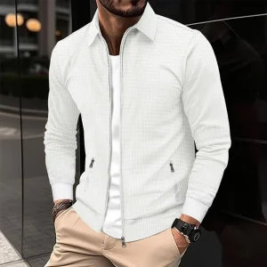 Slim Fit Men’s Jacket Flip Collar Waffle Zipper Pocket Long Sleeved Sportswear Elegant Men’s Cardigan Jacket