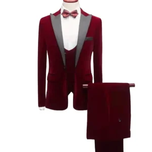 Slim Fit Plus Size Blazer Classic Red 3 Pcs Set Wedding Formal Peaked Lapel Men’s Business Suit Anti-Wrinkle