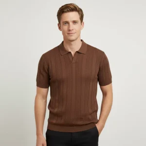 Slim Fit Ribbed Cotton Men’s Knitwear Elastic Short Sleeve Knitting Polo Shirt