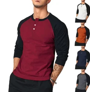 Slim Fit Round Neck Long Sleeved T shirt for Men’s Arms Color Blocked Personalized European Style Casual Base Shirt