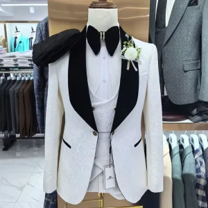 Slim Fit Wedding 3 Piece Jacket Vest Full Sets White Shawl Lapel One Button Elegant Groomsmen Luxury Men’s Suits Blazer