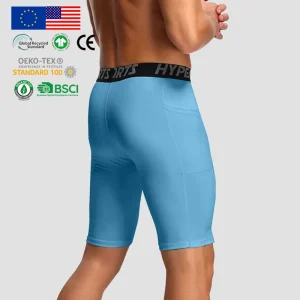 Small MOQ Light Blue Side Pocket Mens Underwear Custom Logo Compression Shorts Men’s Briefs & Boxers High Elasticity Quick Dry