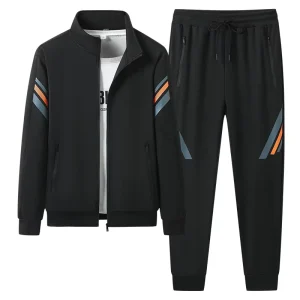 Soft Polyester Tracksuit Set Geometric Stripe Zip up Sets Elastic Waist Pants Breathable Casual Outfit Men’s Sets