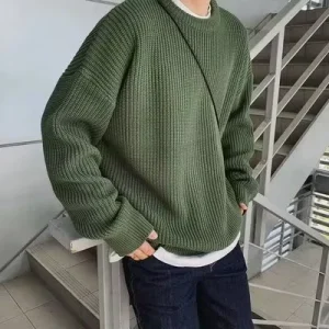 Soft Warm Men’s Crew Neck Ribbed Knit Sweater Loose Solid Color Pullover for Autumn Winter Daily Casual Wear