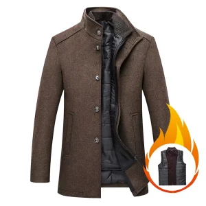 Solid Color Casual Men’s Coat With Vest Warm Stand Up Collar Woolen Coat and Vest Coat