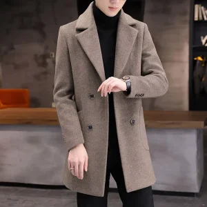 Solid Color Double-Breasted Long Coat Men Winter Korean Style Trench Coat Slim Streetwear Men’s Coat