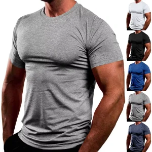 Solid Color European/American Men’s Crew Neck Fitted Summer Quick-Drying Breathable Casual Sports 180g Short-Sleeve T-Shirt