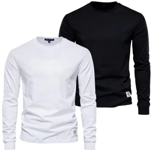 Solid Color Men’s T Shirt Casual Long Sleeve Pure Cotton Base Shirt Versatile Spring Autumn Round Neck White Heavyweight