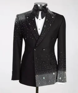 Sparkly Rhinestone Men’s Suit Coat Peaked Lapel Tuxedos Double Breasted Groom Wear Business Party Only Blazer Customized