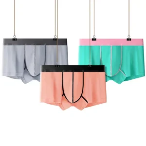 Sporty Men’s Boxer Briefs Cotton Viscose Breathable Contrast Piping Mid-Rise Underwear Soft Male Underpants Pink Black