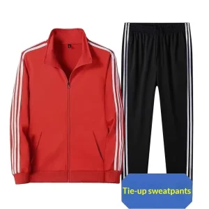 Sporty Spring Autumn Men Three Bar Striped Drawstring Thin Coat Two Piece Outdoor Running Set 100% Nylon Full Length