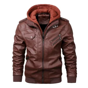 Spring Autumn European American Large Size Fashion Hooded 4 Colors Leather Jacket Men