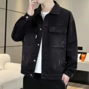 Spring Autumn Men’s Black Blue Denim Jacket Solid Color Casual Turn-down Collar Denim Coats Male Clothes Jackets