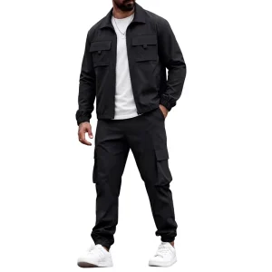Spring Autumn Patchwork Solid Pattern 100% Polyester Men’s Workwear Jacket Trousers Two Piece Set High