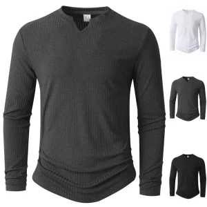Spring Autumn Slim Fit Polyester Spandex V Neck Long Sleeve Striped Casual Sports Fashion Men’s T Shirt