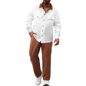 Spring Men’s Retro American Spun Workwear Denim Long Sleeve Shirt Breathable Knitted Casual Suit Loose Color Matching