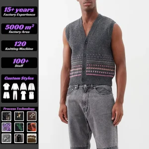 Spring New Fashion Custom Jacquard Logo Cotton Men’s Knitted Sleeveless Cardigan Vest Single Button Closure