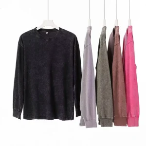 Spring Summer Custom Men’s Casual Retro Solid Distressed Long Sleeve T Shirts Loose Washed Crew Neck Long Sleeves