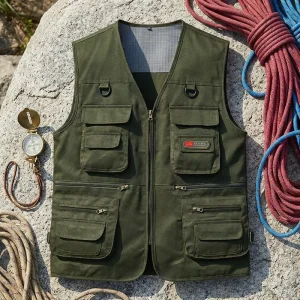 Spring Summer Men’s Vest Fishing Multi-pocket V-neck Zipper Closure Cotton Casual Tactical Waistcoat OEM ODM Whoelse Out Wear