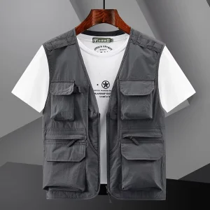 Spring Workwear Men’s V-Neck Casual Sleeveless Anti-Wrinkle Polyester Cotton Multi-Pocket Zipper Thin Vest