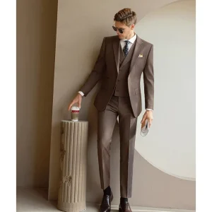 Spring and Autumn Wedding Slimming Brown Dark Plaid Suit Set for Men Wool Business Suit Three Piece Set